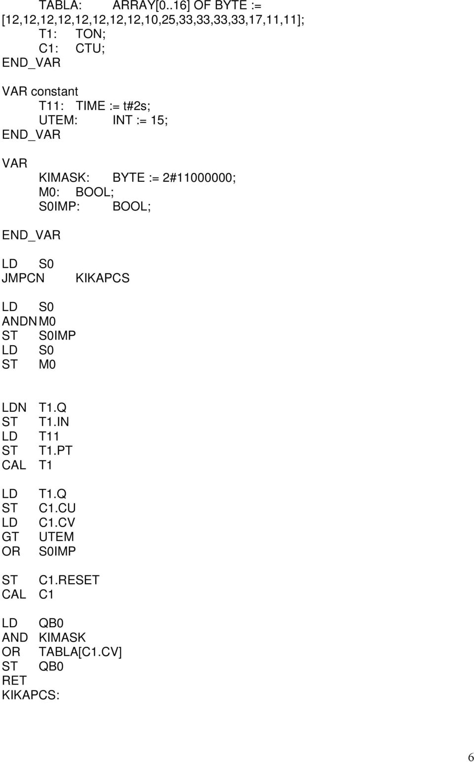 T11: TIME := t#2s; UTEM: INT := 15; VAR KIMASK: BYTE := 2#11000000; M0: BOOL; S0IMP: BOOL; LD S0 JMPCN