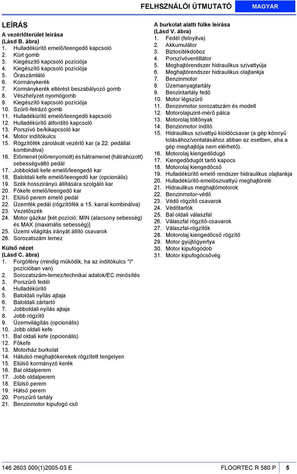 Hulladékürítő átfordító kapcsoló 13. Porszívó be/kikapcsoló kar 14. Motor indítókulcs 15. Rögzítőfék zárolását vezérlő kar (a 22. pedállal kombinálva) 16.