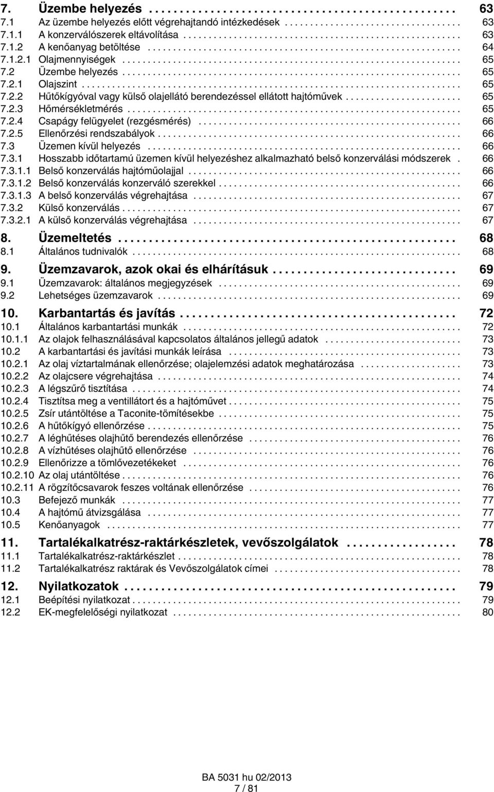 .. 66 7.2.5 Ellenőrzési rendszabályok... 66 7.3 Üzemen kívül helyezés... 66 7.3.1 Hosszabb időtartamú üzemen kívül helyezéshez alkalmazható belső konzerválási módszerek. 66 7.3.1.1 Belső konzerválás hajtóműolajjal.