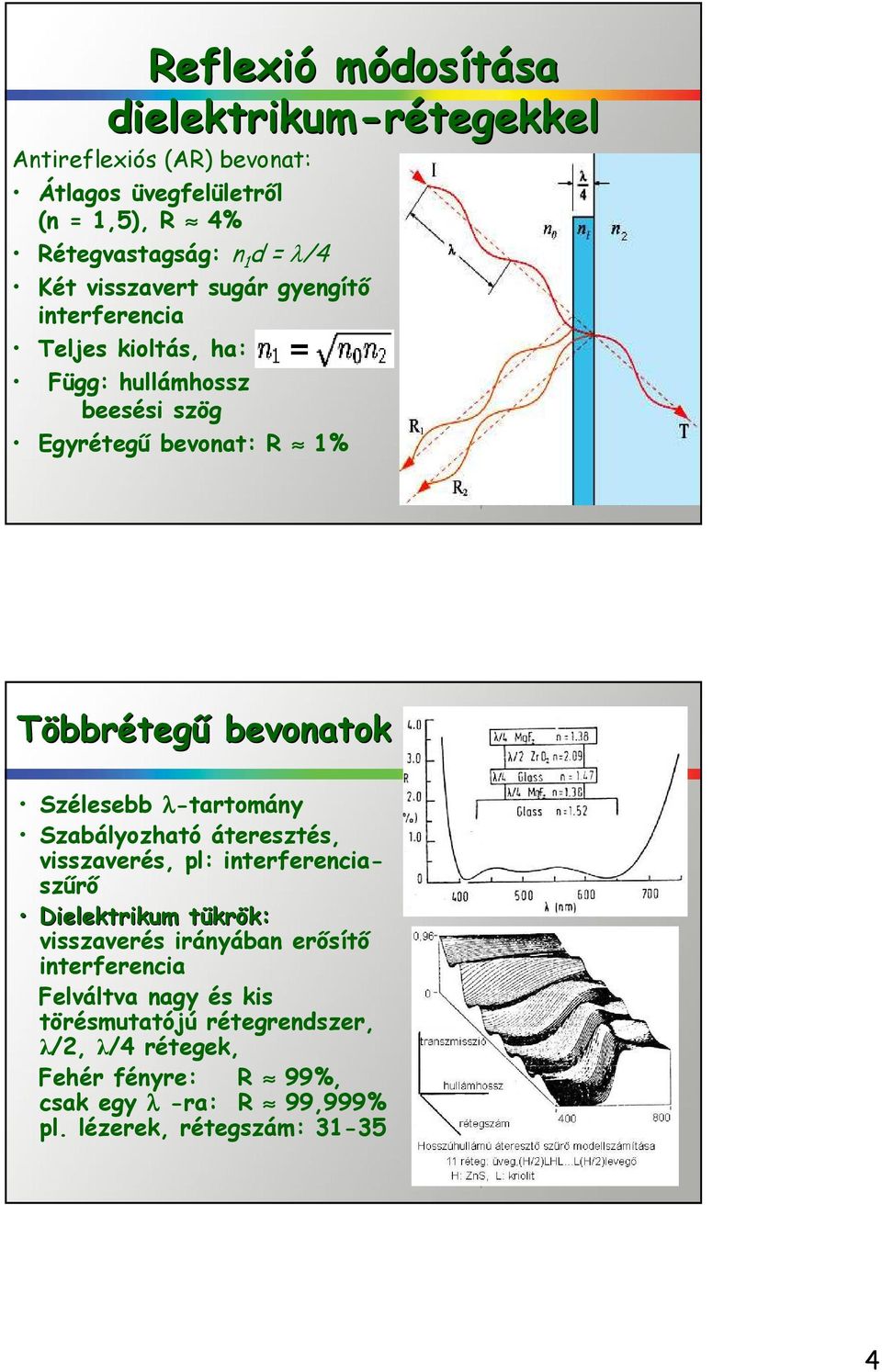 Szélesebb λ-tartomány Szabályozható áteresztés, visszaverés, pl: interferenciaszűrő Dielektrikum tükrt krök: k: visszaverés irányában erősítő