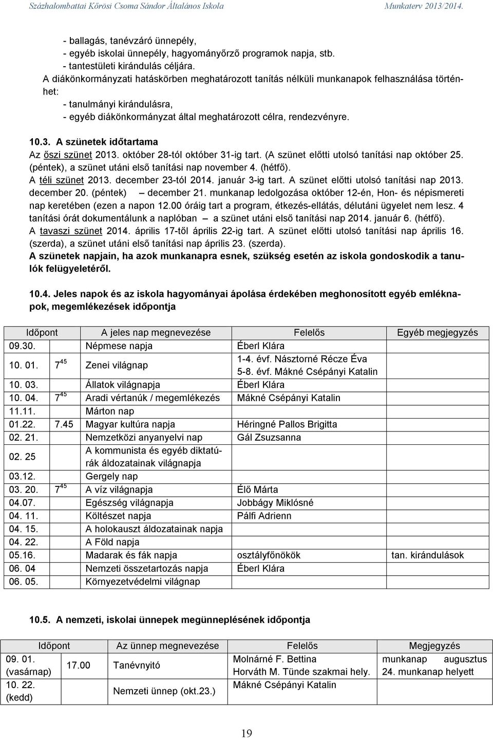 A szünetek időtartama Az őszi szünet 2013. október 28-tól október 31-ig tart. (A szünet előtti utolsó tanítási nap október 25. (péntek), a szünet utáni első tanítási nap november 4. (hétfő).