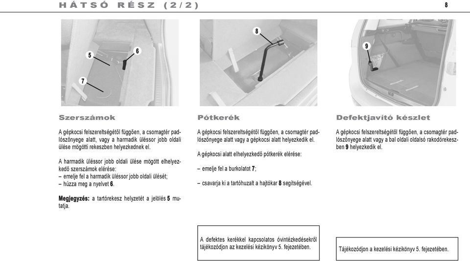 Megjegyzés: a tartórekesz helyzetét a jelölés 5 mutatja. Pótkerék A gépkocsi felszereltségétől függően, a csomagtér padlószőnyege alatt vagy a gépkocsi alatt helyezkedik el.