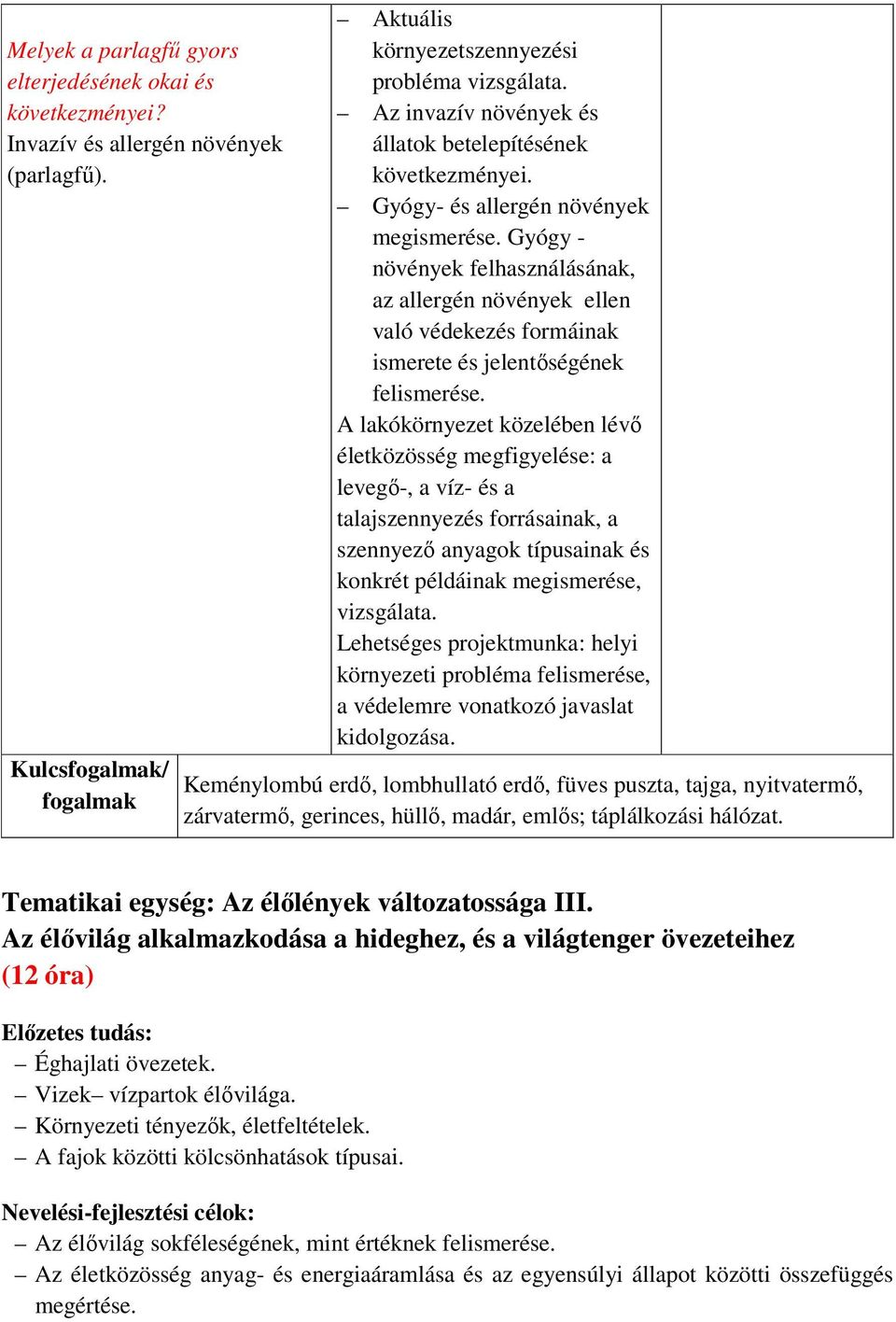 Gyógy - növények felhasználásának, az allergén növények ellen való védekezés formáinak ismerete és jelentőségének felismerése.