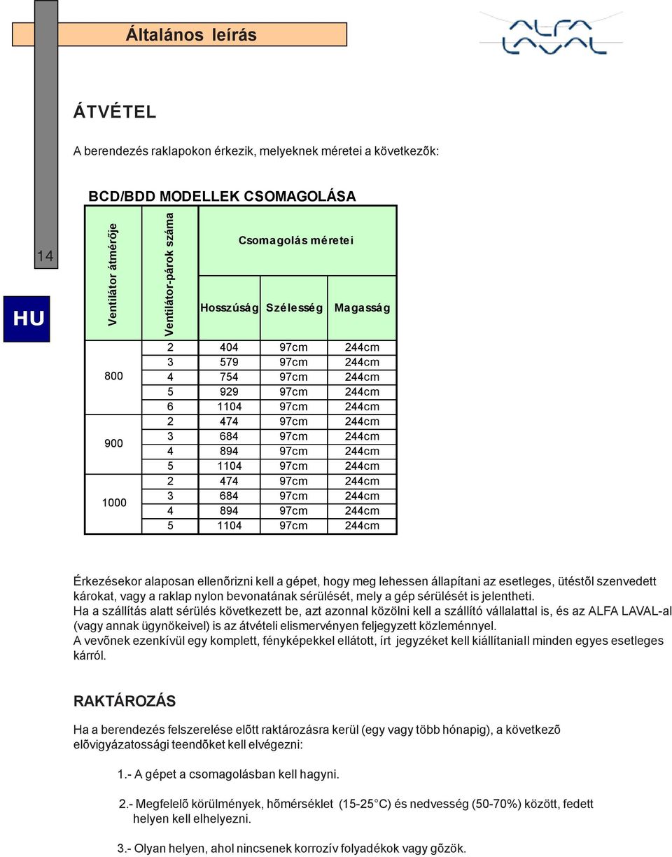 244cm 3 684 97cm 244cm 4 894 97cm 244cm 5 1104 97cm 244cm Érkezésekor alaposan ellenõrizni kell a gépet, hogy meg lehessen állapítani az esetleges, ütéstõl szenvedett károkat, vagy a raklap nylon