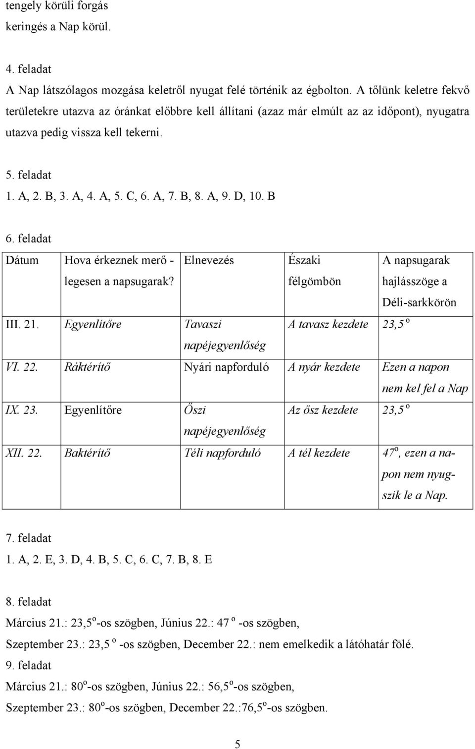 B, 8. A, 9. D, 10. B 6. feladat Dátum Hova érkeznek merő - legesen a napsugarak? Elnevezés Északi félgömbön A napsugarak hajlásszöge a Déli-sarkkörön III. 21.