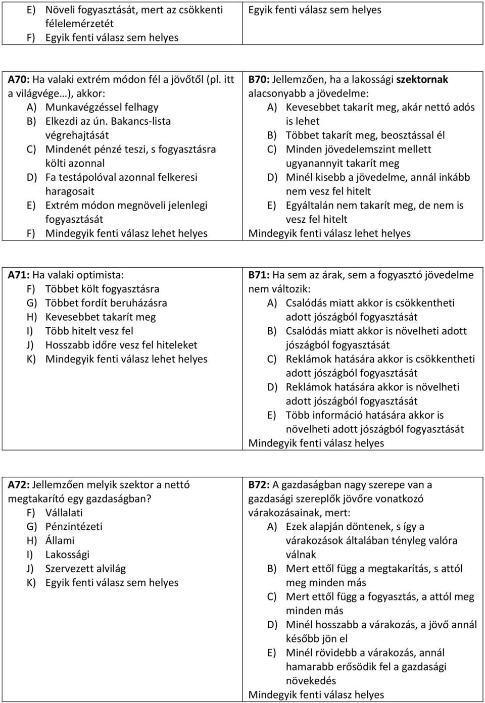 Bakancs-lista végrehajtását C) Mindenét pénzé teszi, s fogyasztásra költi azonnal D) Fa testápolóval azonnal felkeresi haragosait E) Extrém módon megnöveli jelenlegi fogyasztását F) Mindegyik fenti