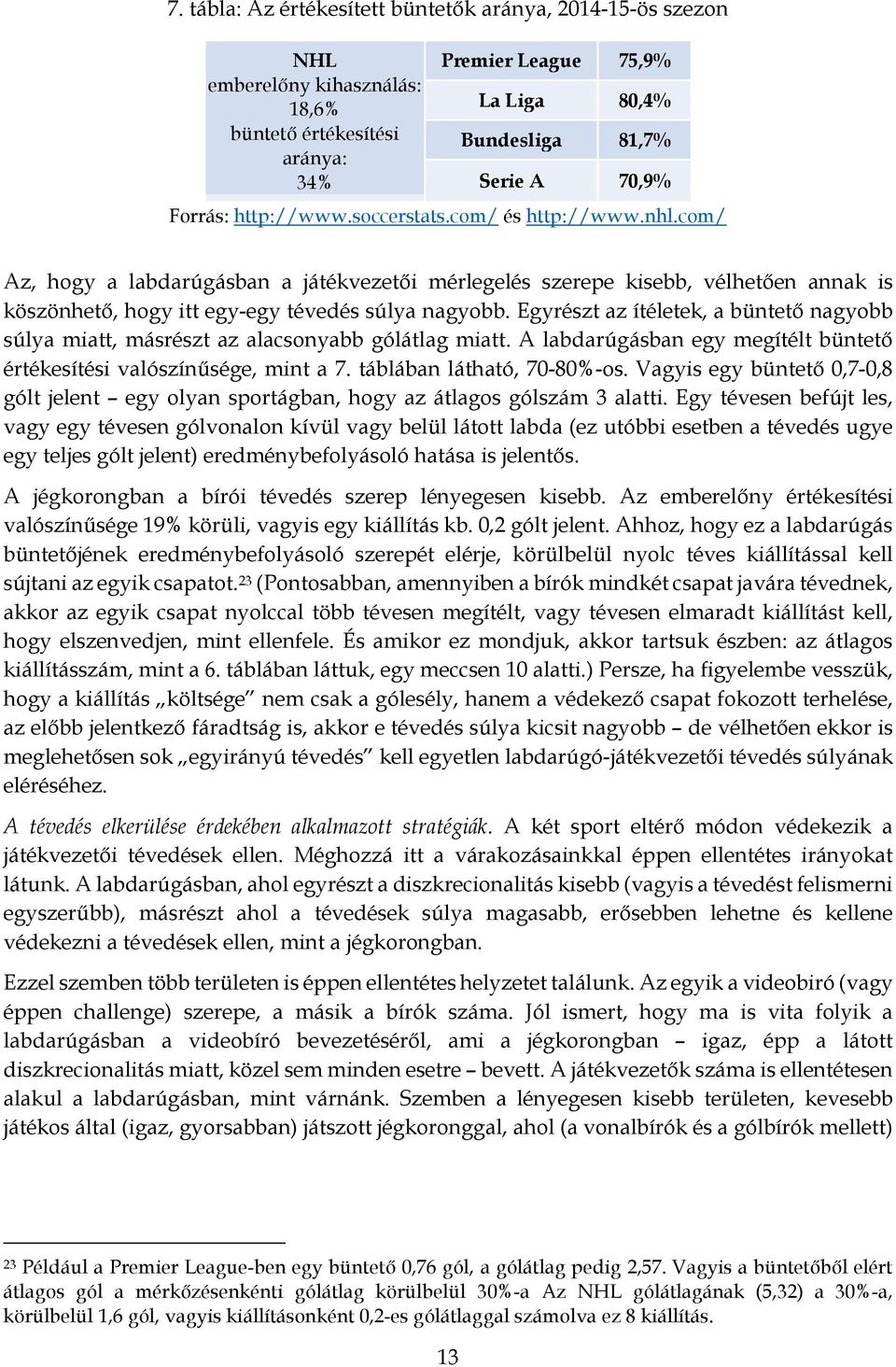 Egyrészt az ítéletek, a büntető nagyobb súlya miatt, másrészt az alacsonyabb gólátlag miatt. A labdarúgásban egy megítélt büntető értékesítési valószínűsége, mint a 7. táblában látható, 70-80%-os.