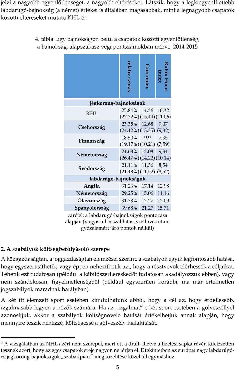 tábla: Egy bajnokságon belül a csapatok közötti egyenlőtlenség, a bajnokság, alapszakasz végi pontszámokban mérve, 2014-2015 Robin Hood index Gini index relatív szórás jégkorong-bajnokságok KHL