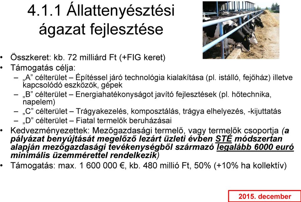 hőtechnika, napelem) C célterület Trágyakezelés, komposztálás, trágya elhelyezés, -kijuttatás D célterület Fiatal termelők beruházásai Kedvezményezettek: Mezőgazdasági termelő, vagy