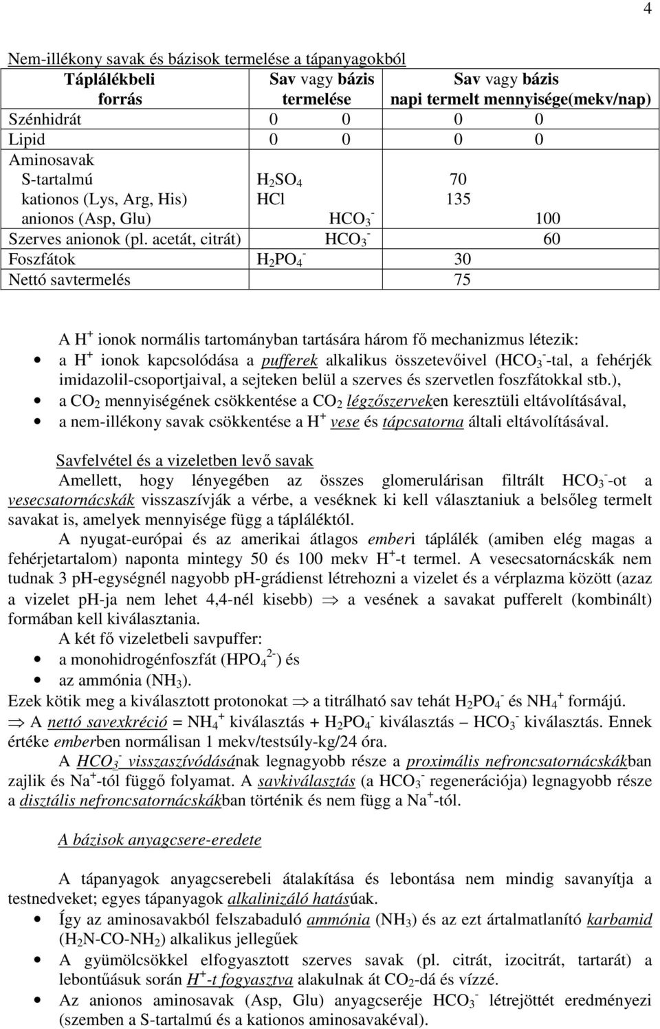 acetát, citrát) - HCO 3 Foszfátok - H 2 PO 4 30 Nettó savtermelés 75 Sav vagy bázis napi termelt mennyisége(mekv/nap) 100 60 A H + ionok normális tartományban tartására három fı mechanizmus létezik: