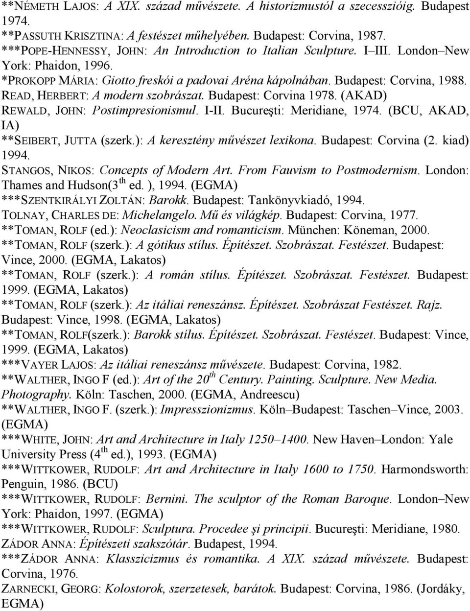 READ, HERBERT: A modern szobrászat. Budapest: Corvina 1978. (AKAD) REWALD, JOHN: Postimpresionismul. I-II. Bucureşti: Meridiane, 1974. (BCU, AKAD, IA) **SEIBERT, JUTTA (szerk.