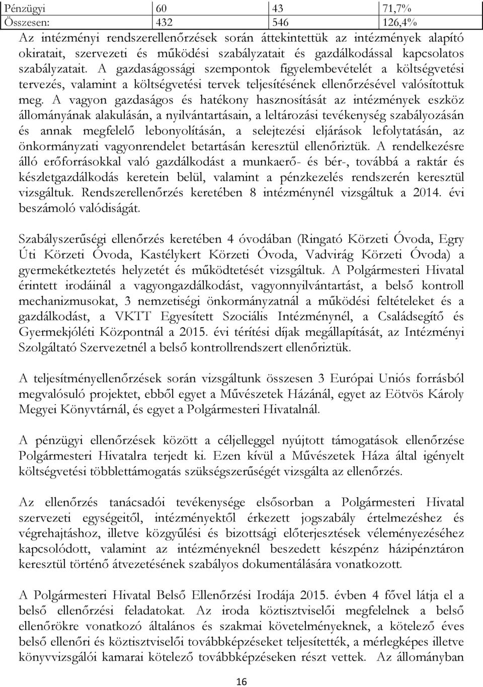 A vagyon gazdaságos és hatékony hasznosítását az intézmények eszköz állományának alakulásán, a nyilvántartásain, a leltározási tevékenység szabályozásán és annak megfelelő lebonyolításán, a