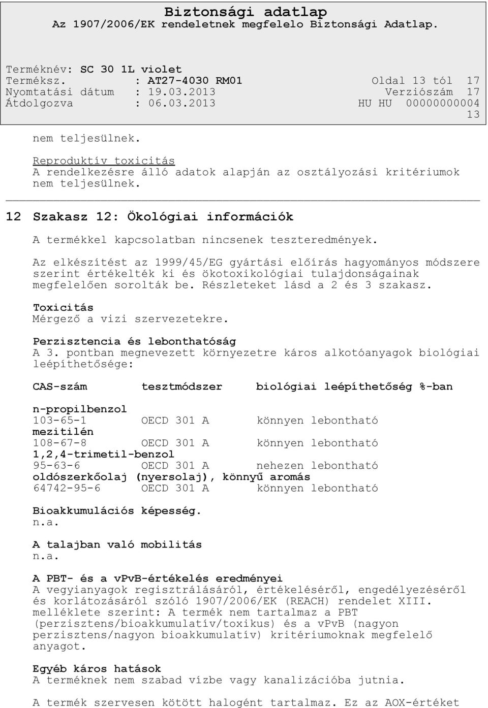 Az elkészítést az 1999/45/EG gyártási előírás hagyományos módszere szerint értékelték ki és ökotoxikológiai tulajdonságainak megfelelően sorolták be. Részleteket lásd a 2 és 3 szakasz.