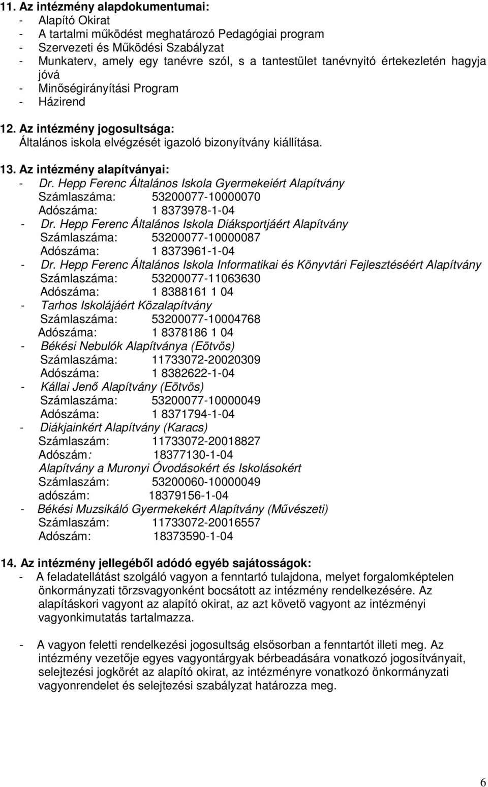 Az intézmény alapítványai: - Dr. Hepp Ferenc Általános Iskola Gyermekeiért Alapítvány Számlaszáma: 53200077-10000070 Adószáma: 1 8373978-1-04 - Dr.