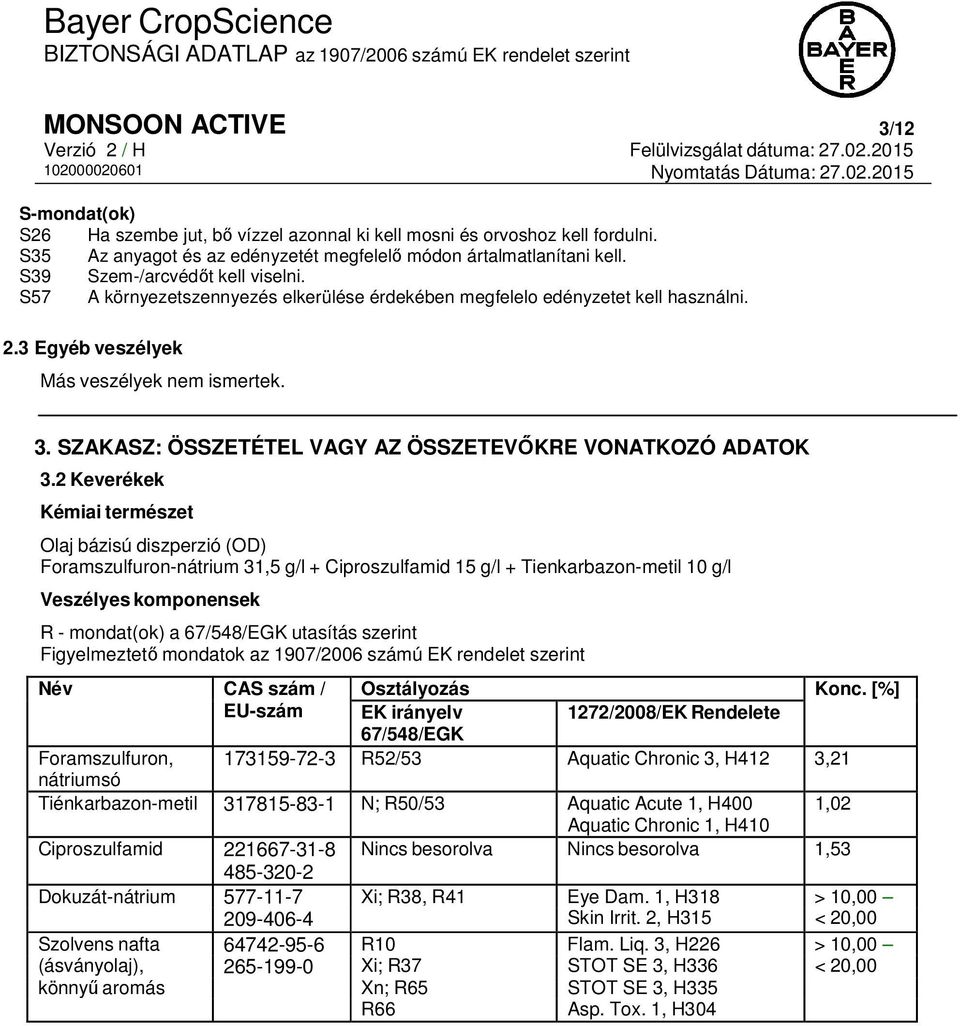 2 Keverékek Kémiai természet Olaj bázisú diszperzió (OD) Foramszulfuron-nátrium 31,5 g/l + Ciproszulfamid 15 g/l + Tienkarbazon-metil 10 g/l Veszélyes komponensek R - mondat(ok) a 67/548/EGK utasítás