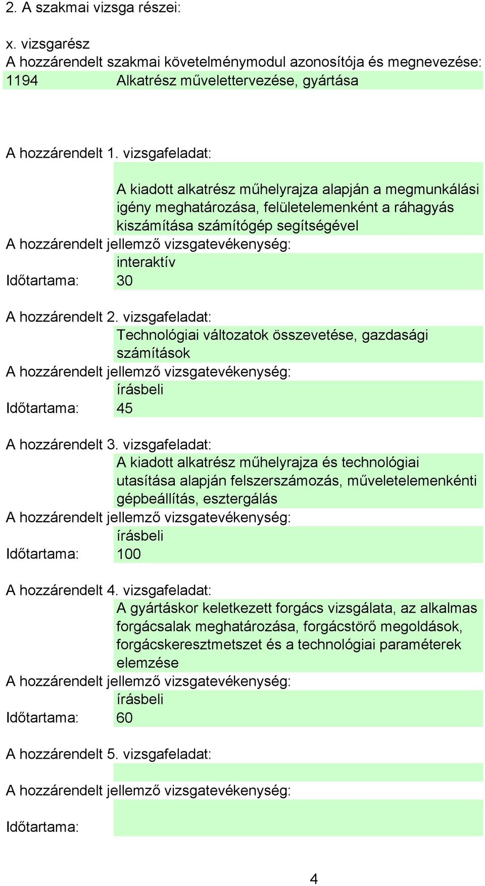 vizsgafeladat: Technológiai változatok összevetése, gazdasági számítások Időtartama: 45 A hozzárendelt 3.