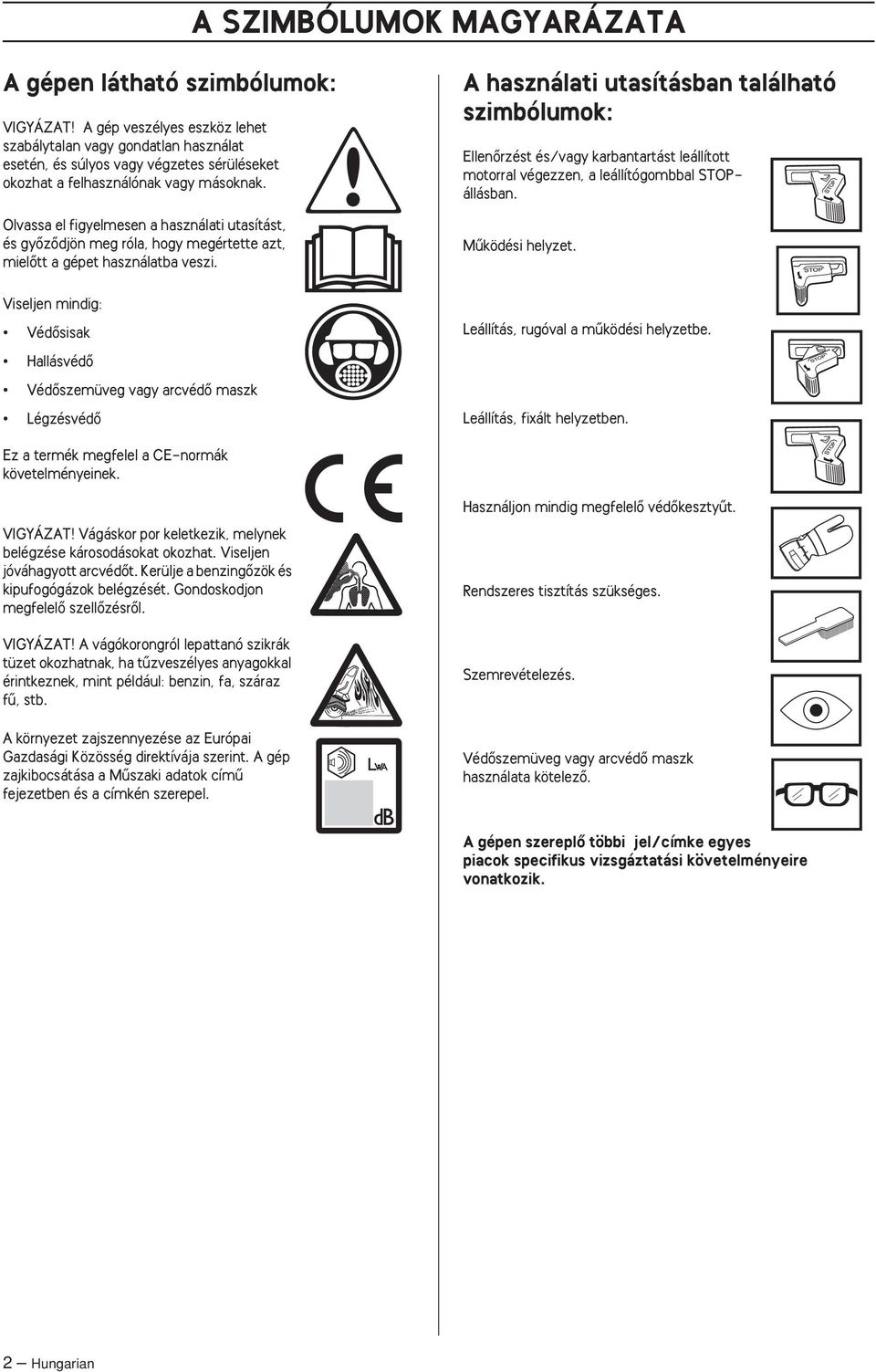 Viseljen mindig: VédŒsisak HallásvédŒ VédŒszemüveg vagy arcvédœ maszk LégzésvédŒ A használati utasításban található szimbólumok: EllenŒrzést és/vagy karbantartást leállított motorral végezzen, a