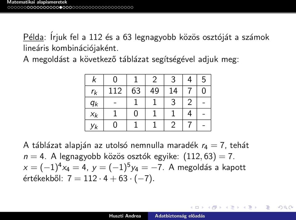 k 1 0 1 1 4 - y k 0 1 1 2 7 - A táblázat alapján az utolsó nemnulla maradék r 4 = 7, tehát n = 4.