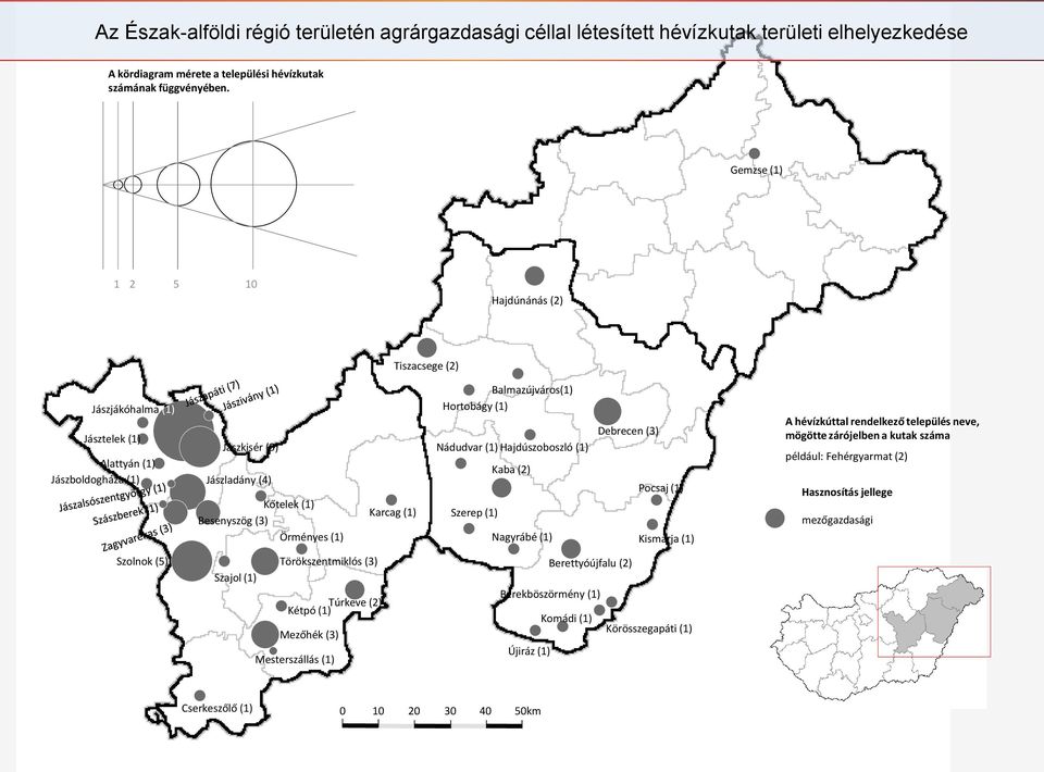 Hortobágy () Nádudvar () Hajdúszoboszló () Szerep () Kaba () Nagyrábé () Debrecen (3) Pocsaj () Kismarja () A hévízkúttal rendelkező település neve, mögötte zárójelben a kutak száma például: