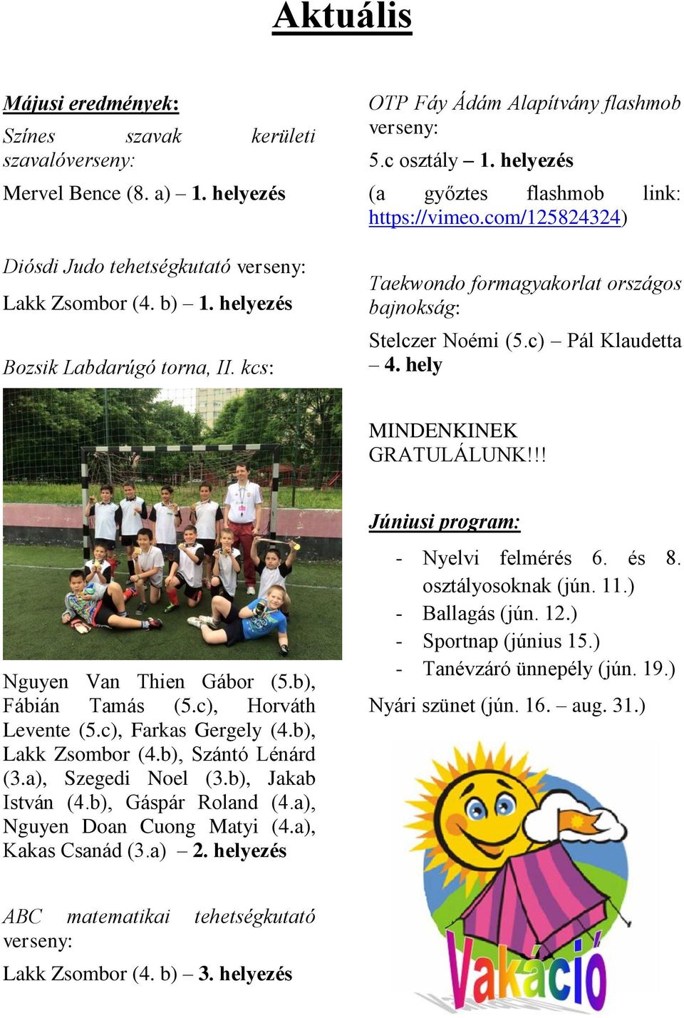 c) Pál Klaudetta 4. hely MINDENKINEK GRATULÁLUNK!!! Nguyen Van Thien Gábor (5.b), Fábián Tamás (5.c), Horváth Levente (5.c), Farkas Gergely (4.b), Lakk Zsombor (4.b), Szántó Lénárd (3.