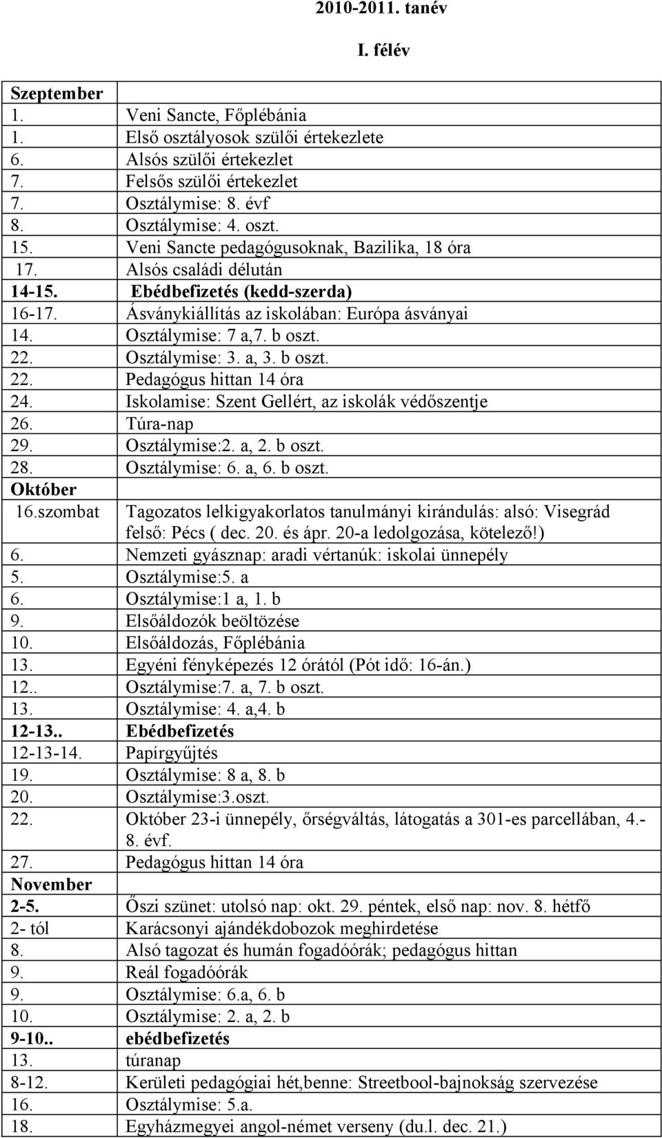 Osztálymise: 3. a, 3. oszt. 22. Pedagógus hittan 14 óra 24. Iskolamise: Szent Gellért, az iskolák védőszentje 26. Túra-nap 29. Osztálymise:2. a, 2. oszt. 28. Osztálymise: 6. a, 6. oszt. Októer 16.