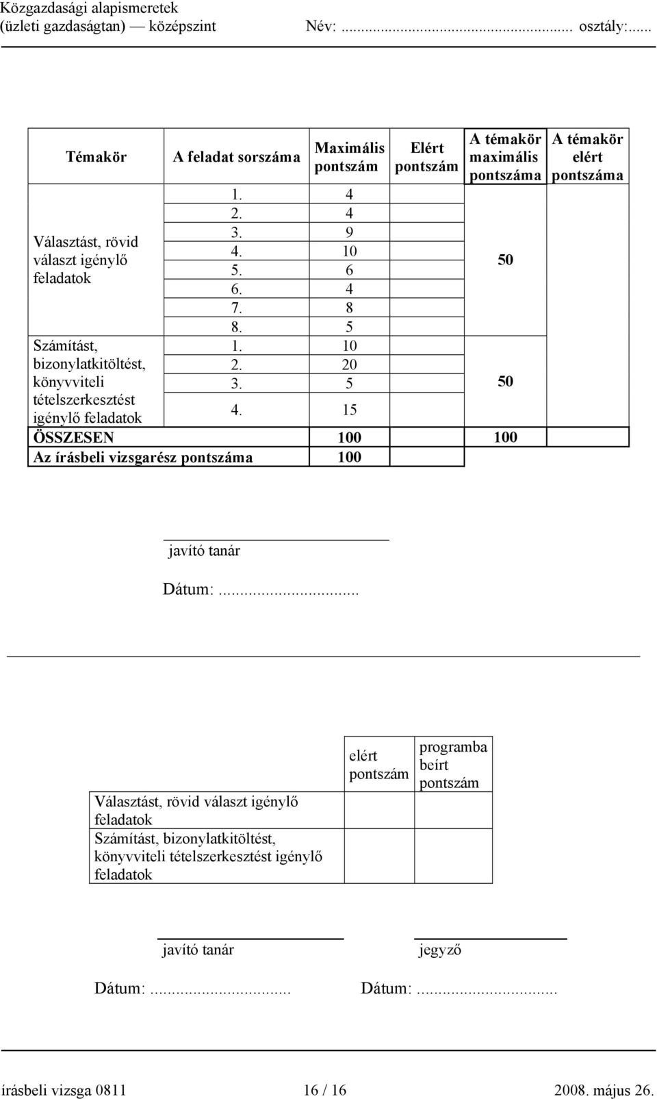 15 Elért pontszám A témakör maximális pontszáma ÖSSZESEN 100 100 Az írásbeli vizsgarész pontszáma 100 50 50 A témakör elért pontszáma javító tanár Dátum:.