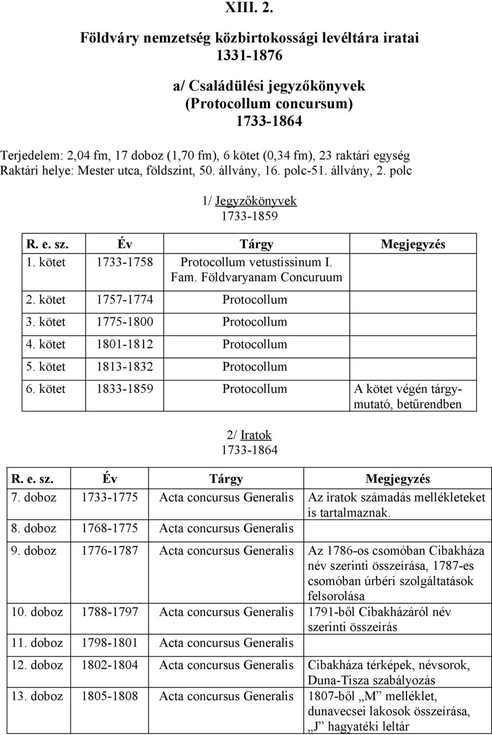 kötet 1801-1812 Protocollum 5. kötet 1813-1832 Protocollum 6. kötet 1833-1859 Protocollum A kötet végén tárgymutató, betűrendben 2/ Iratok 1733-1864 7.