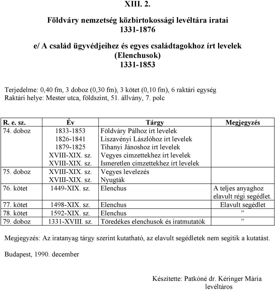 XVIII-XIX. sz. Földváry Pálhoz írt levelek Liszavényi Lászlóhoz írt levelek Tihanyi Jánoshoz írt levelek Vegyes címzettekhez írt levelek Ismeretlen címzettekhez írt levelek 75. doboz XVIII-XIX. sz. XVIII-XIX. sz. Vegyes levelezés Nyugták 76.