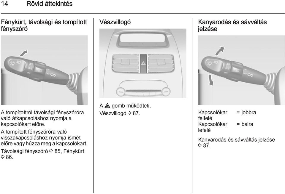 A tompított fényszóróra való visszakapcsoláshoz nyomja ismét előre vagy húzza meg a kapcsolókart.