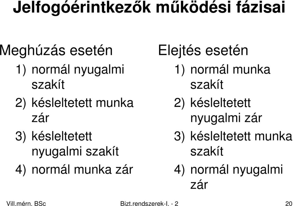 Elejtés esetén 1) normál munka szakít 2) késleltetett nyugalmi zár 3)