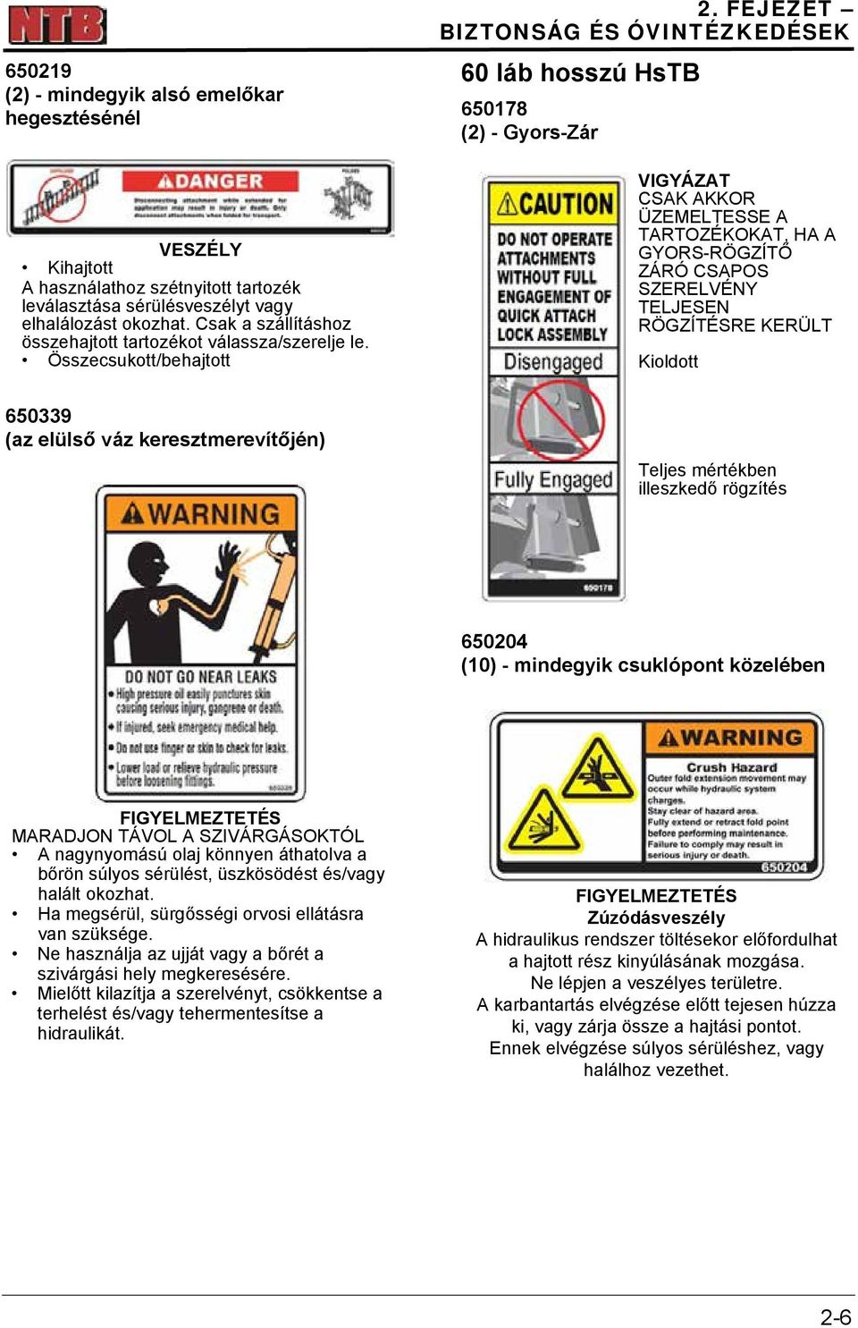 FEJEZET BIZTONSÁG ÉS ÓVINTÉZKEDÉSEK 60 láb hosszú HsTB 650178 (2) - Gyors-Zár VIGYÁZAT CSAK AKKOR ÜZEMELTESSE A TARTOZÉKOKAT, HA A GYORS-RÖGZÍTŐ ZÁRÓ CSAPOS SZERELVÉNY TELJESEN RÖGZÍTÉSRE KERÜLT