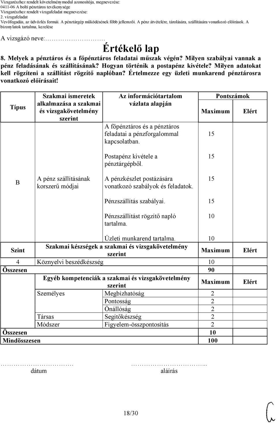 Típus Szakmai ismeretek alkalmazása a szakmai és vizsgakövetelmény Az információtartalom vázlata alapján A főpénztáros és a pénztáros feladatai a pénzforgalommal kapcsolatban.