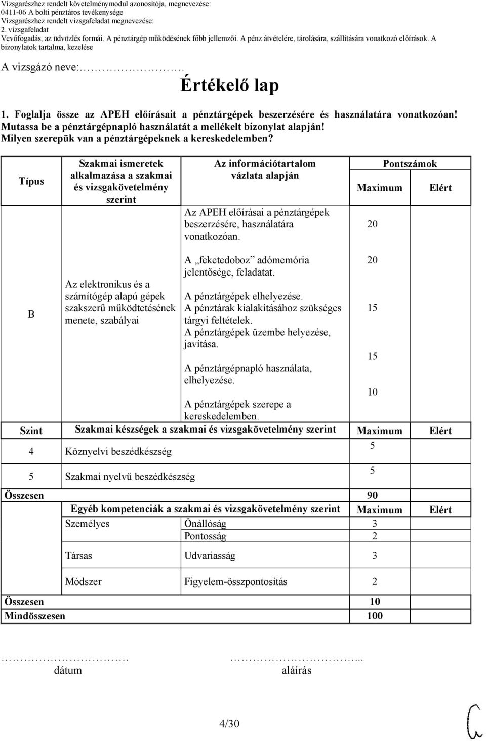 Típus Szakmai ismeretek alkalmazása a szakmai és vizsgakövetelmény Az információtartalom vázlata alapján Az APEH előírásai a pénztárgépek beszerzésére, használatára vonatkozóan.