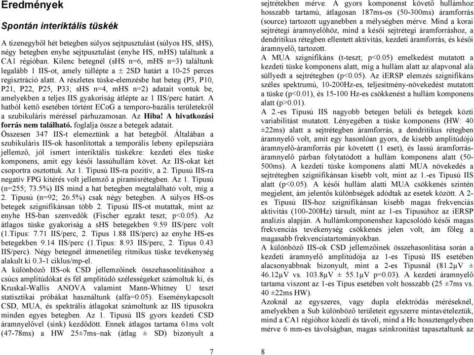 A részletes tüske-elemzésbe hat beteg (P3, P10, P21, P22, P25, P33; shs n=4, mhs n=2) adatait vontuk be, amelyekben a teljes IIS gyakoriság átlépte az 1 IIS/perc határt.