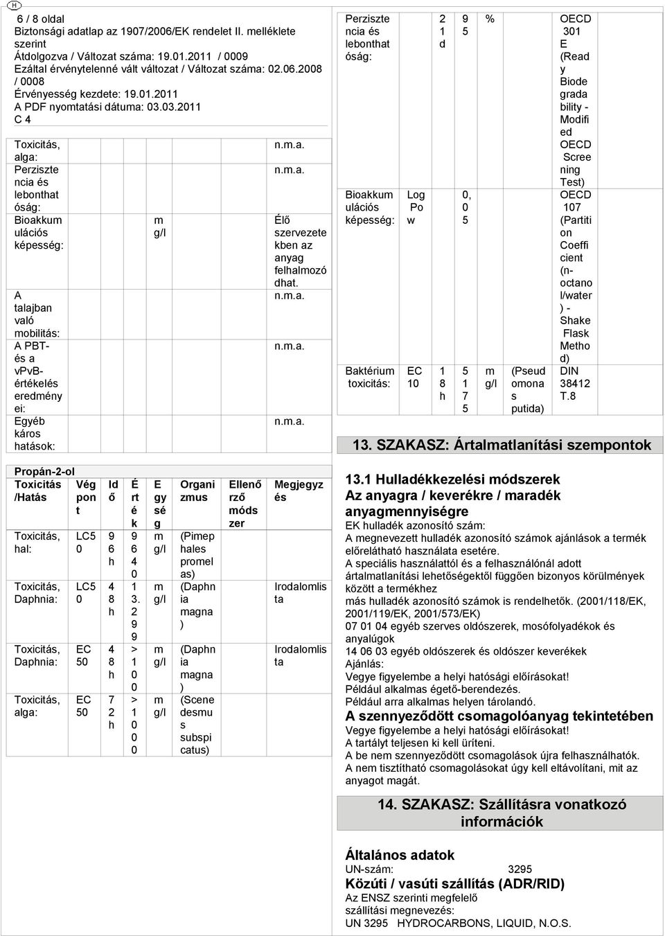 Perzisze ncia leba ósá: Bioakku ulációs képes: Bakériu oxiciás: o Po w d 8 5, 5 5 7 5 % OD 3 (Read y Biode rada biliy - Modifi ed OD Scree nin Tes) OD 7 (Parii oeffi cien (nocano l/waer ) - Sake