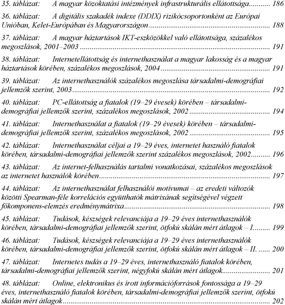 táblázat: A magyar háztartások IKT-eszközökkel való ellátottsága, százalékos megoszlások, 2001 2003... 191 38.