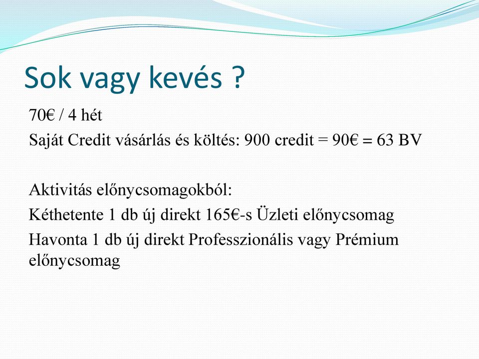 90 = 63 BV Aktivitás előnycsomagokból: Kéthetente 1 db