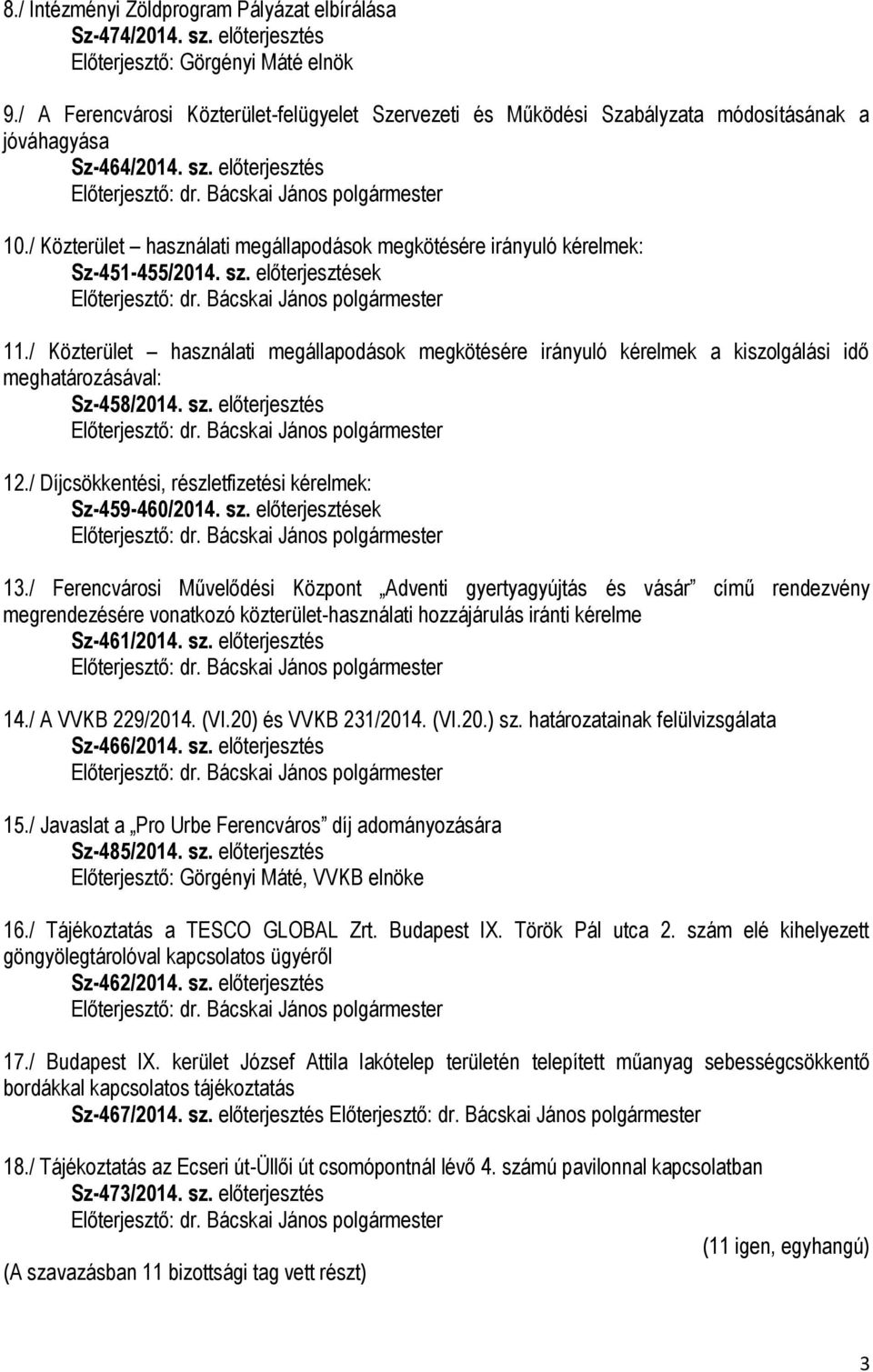 / Közterület használati megállapodások megkötésére irányuló kérelmek: Sz-451-455/2014. sz. előterjesztések 11.