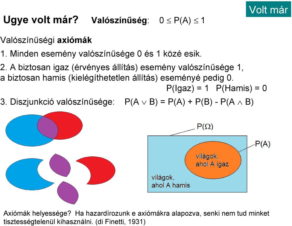 A biztosan igaz (érvényes állítás) esemény valószínűsége 1, a biztosan hamis (kielégíthetetlen állítás) eseményé