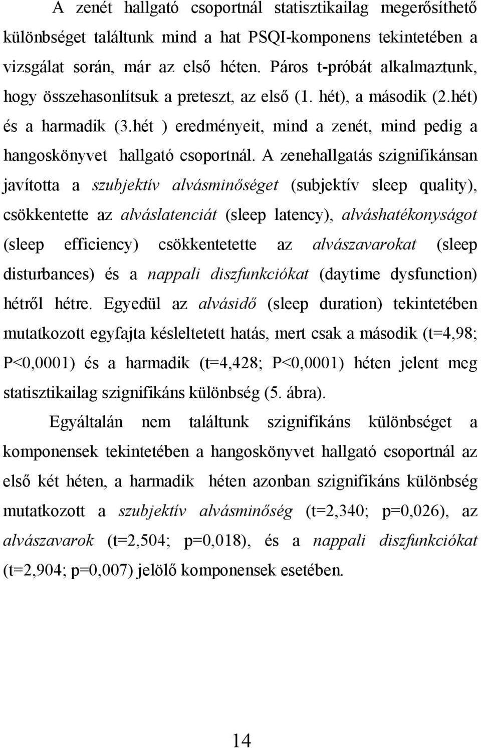 A zenehallgatás szignifikánsan javította a szubjektív alvásminőséget (subjektív sleep quality), csökkentette az alváslatenciát (sleep latency), alváshatékonyságot (sleep efficiency) csökkentetette az