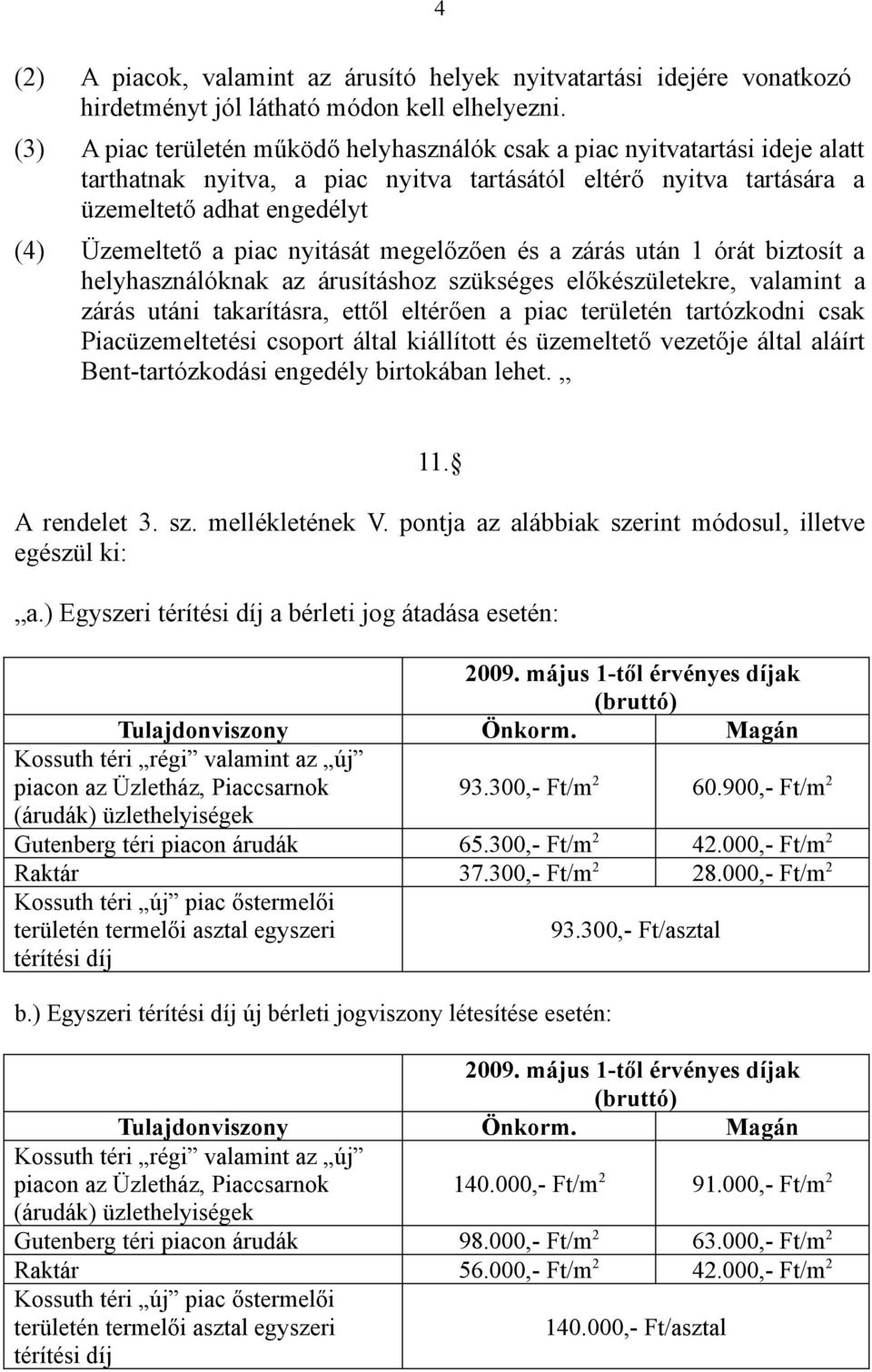 nyitását megelőzően és a zárás után 1 órát biztosít a helyhasználóknak az árusításhoz szükséges előkészületekre, valamint a zárás utáni takarításra, ettől eltérően a piac területén tartózkodni csak