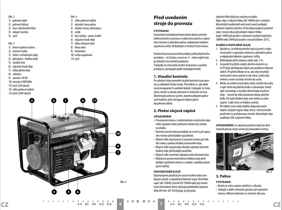 10) zásuvka 230V/50Hz 11) jistič (12V okruh) 12) víčko palivové nádrže 13) jistič (230V okruh) Obr.