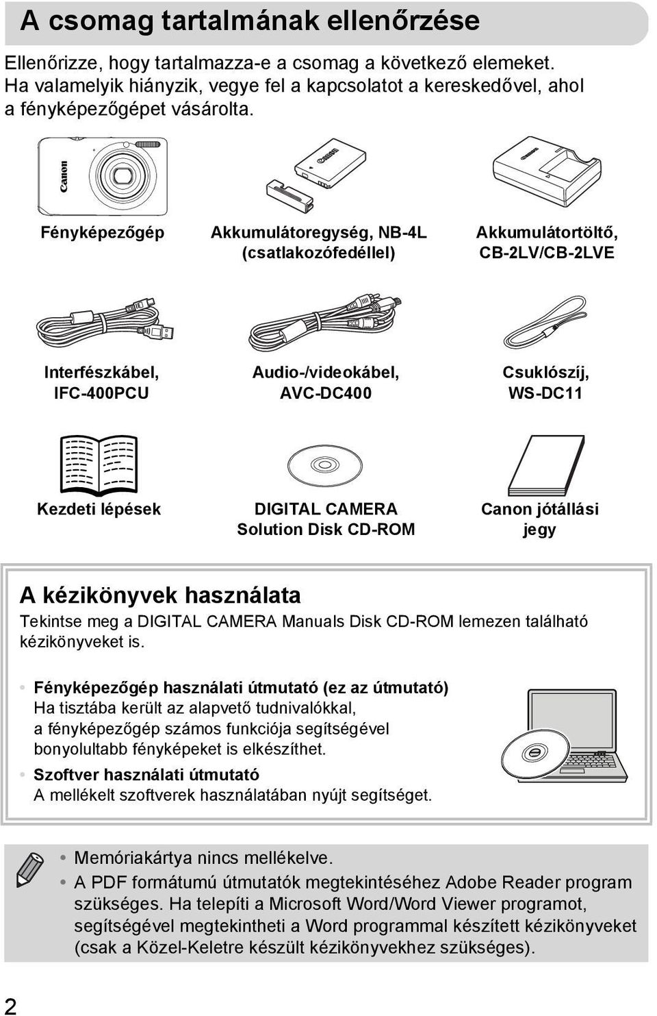 Solution Disk CD-ROM Canon jótállási jegy A kézikönyvek használata Tekintse meg a DIGITAL CAMERA Manuals Disk CD-ROM lemezen található kézikönyveket is.