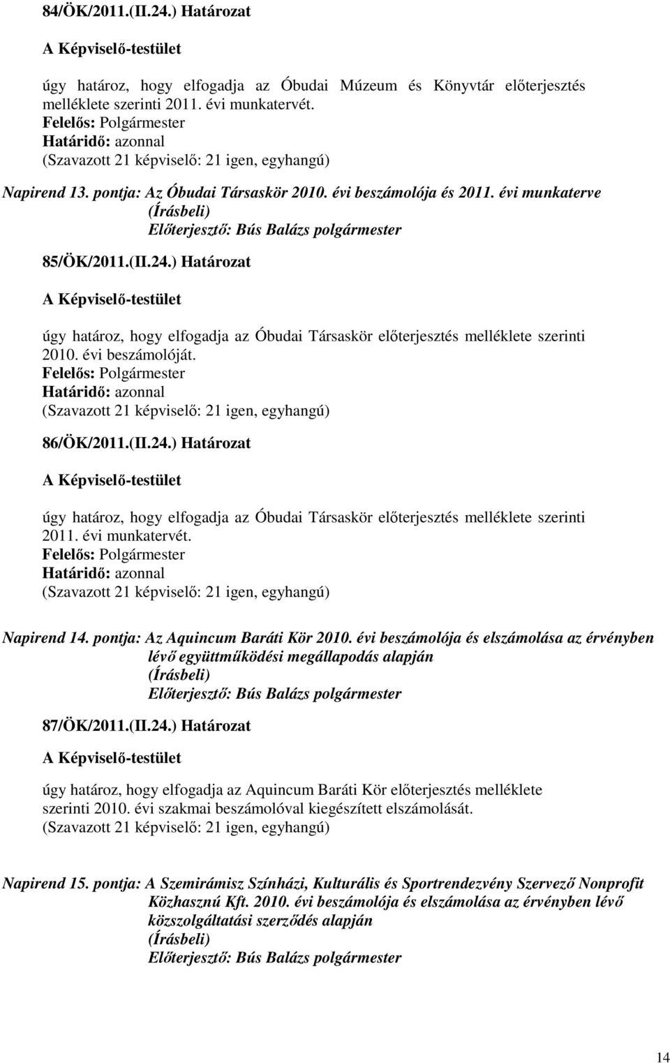 évi munkatervét. Napirend 14. pontja: Az Aquincum Baráti Kör 2010. évi beszámolója és elszámolása az érvényben lévı együttmőködési megállapodás alapján 87/ÖK/2011.(II.24.