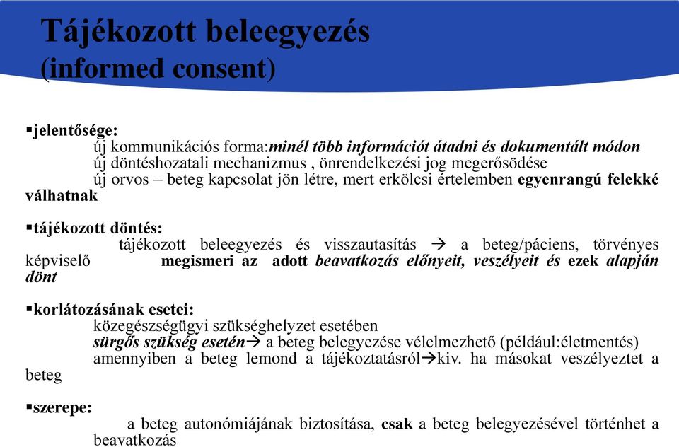 megismeri az adott beavatkozás előnyeit, veszélyeit és ezek alapján dönt korlátozásának esetei: közegészségügyi szükséghelyzet esetében sürgős szükség esetén a beteg belegyezése vélelmezhető