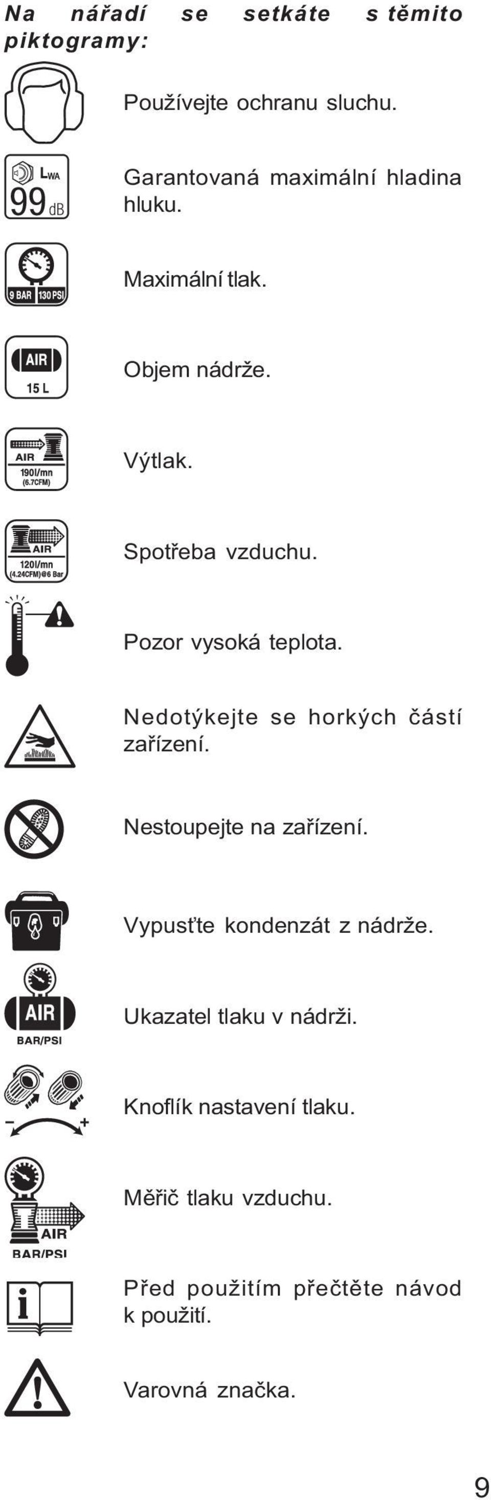 Pozor vysoká teplota. Nedotýkejte se horkých částí zařízení. Nestoupejte na zařízení.