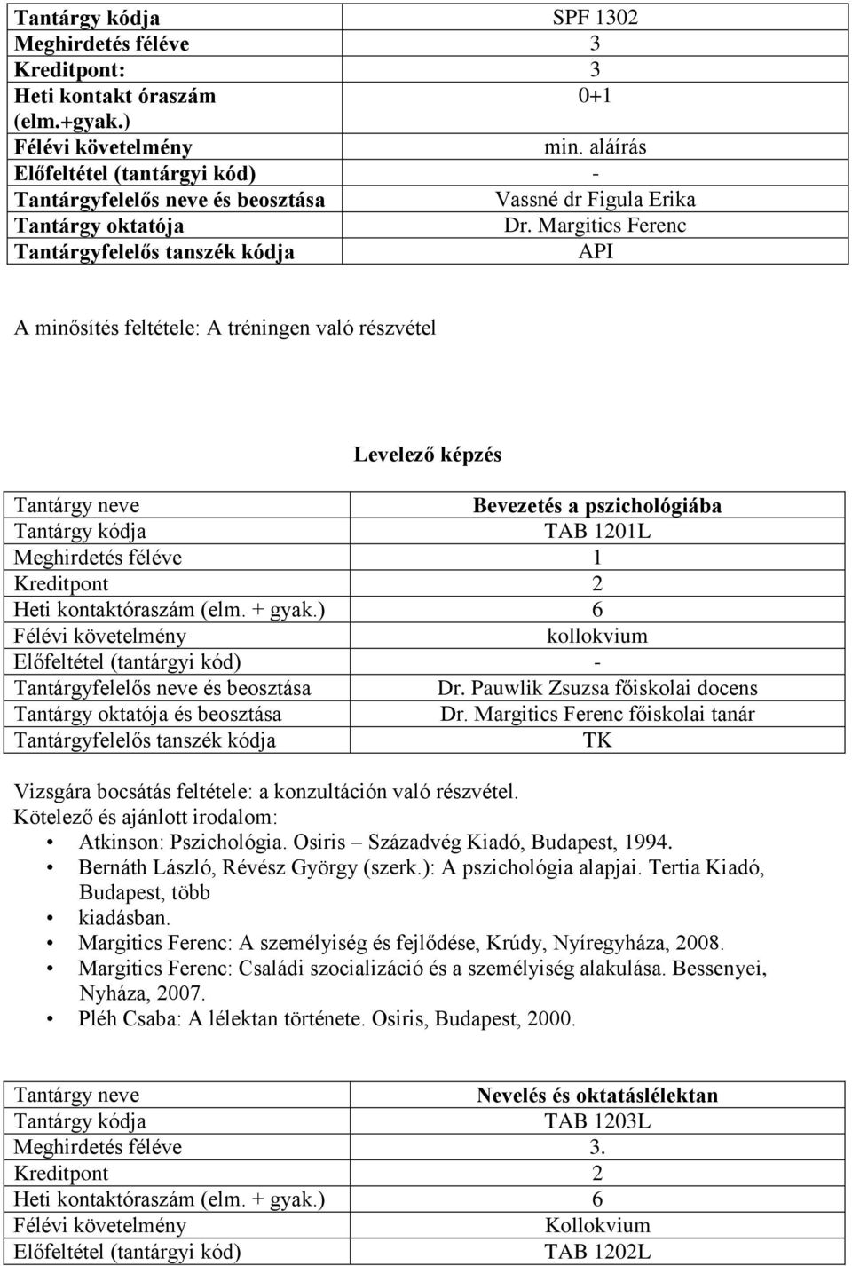 Pauwlik Zsuzsa főiskolai docens Vizsgára bocsátás feltétele: a konzultáción való részvétel. Atkinson: Pszichológia. Osiris Századvég Kiadó, Budapest, 1994. Bernáth László, Révész György (szerk.