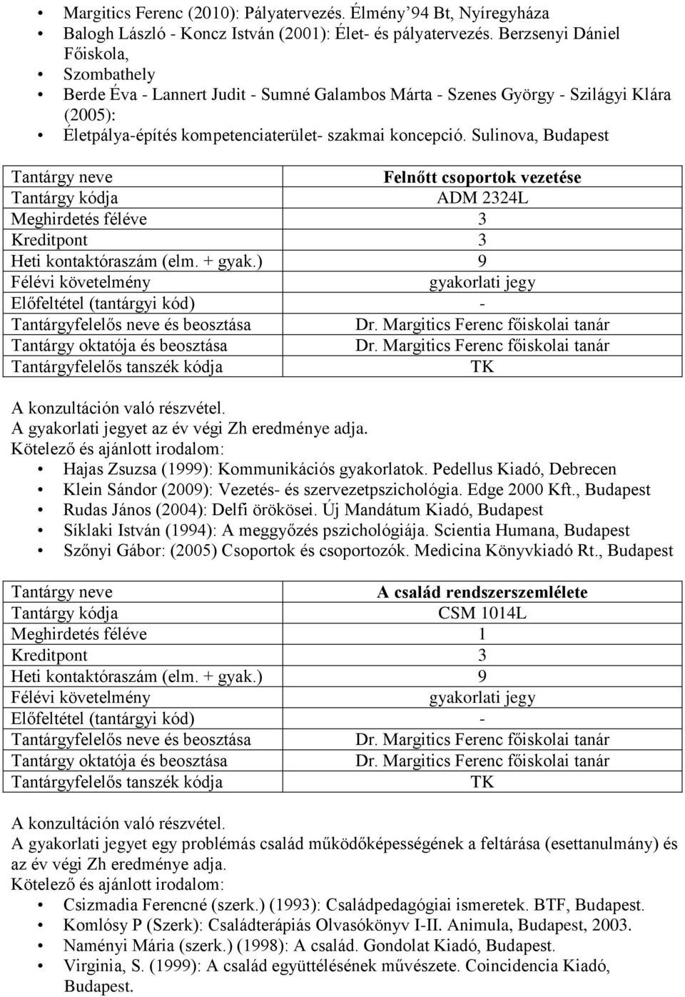 Sulinova, Budapest Felnőtt csoportok vezetése ADM 2324L Meghirdetés féléve 3 Kreditpont 3 Heti kontaktóraszám (elm. + gyak.) 9 A konzultáción való részvétel. A et az év végi Zh eredménye adja.