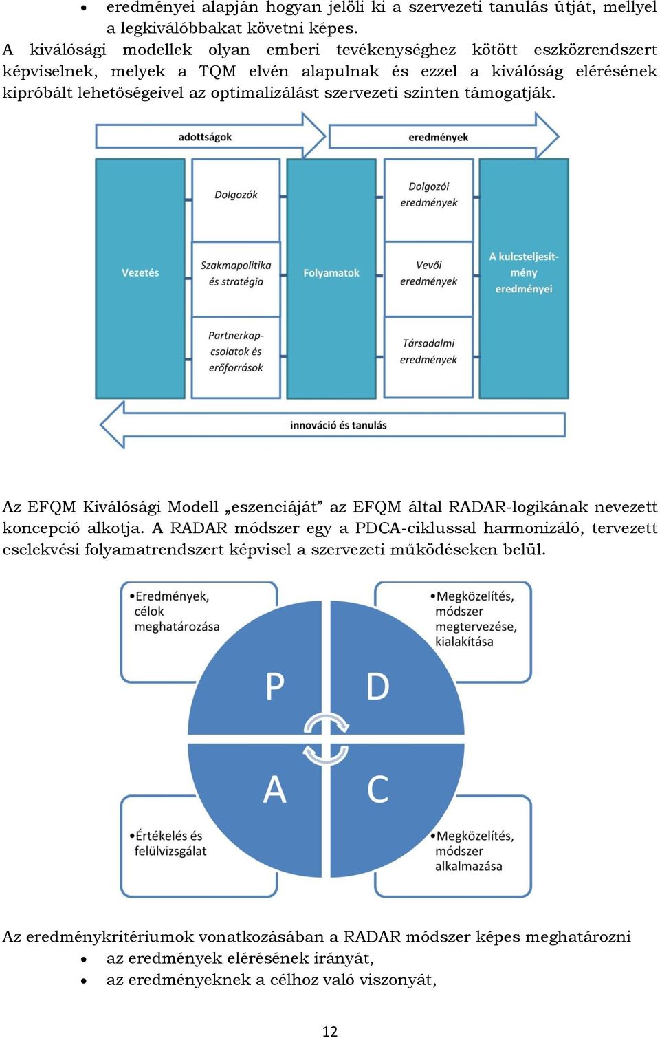 optimalizálást szervezeti szinten támogatják. Az EFQM Kiválósági Modell eszenciáját az EFQM által RADAR-logikának nevezett koncepció alkotja.