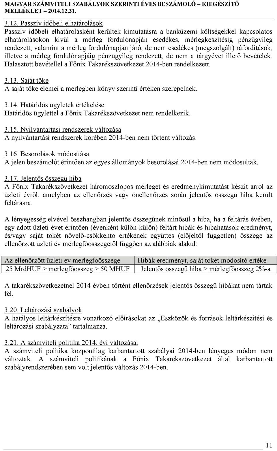 Halasztott bevétellel a Főnix Takarékszövetkezet 2014-ben rendelkezett. 3.13. Saját tőke A saját tőke elemei a mérlegben könyv szerinti értéken szerepelnek. 3.14. Határidős ügyletek értékelése Határidős ügylettel a Főnix Takarékszövetkezet nem rendelkezik.